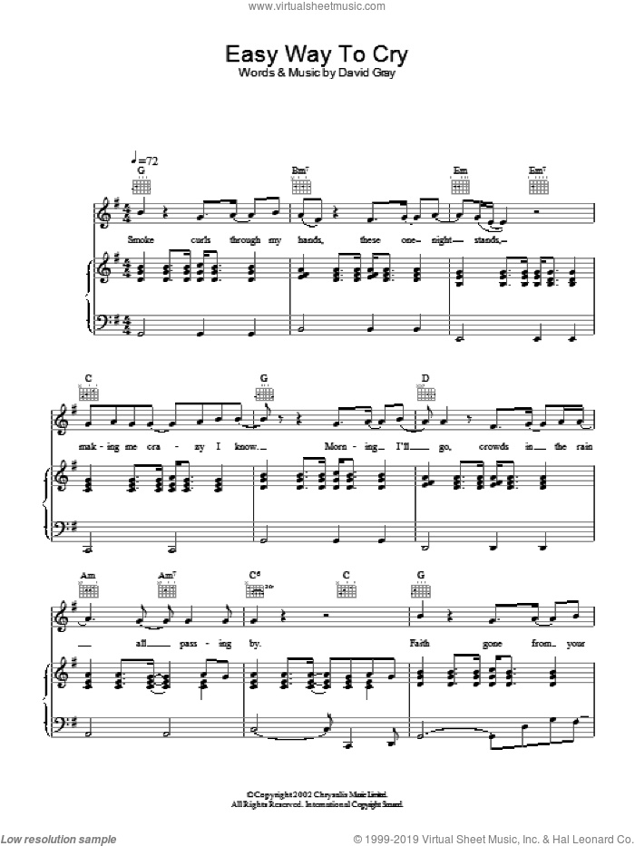Easy Way To Cry sheet music for voice, piano or guitar by David Gray, intermediate skill level