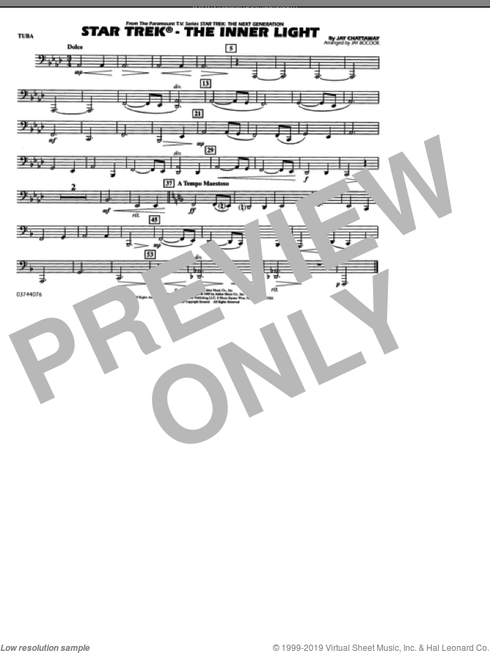 Star Trek, the inner light sheet music for marching band (tuba) by Jay Chattaway and Jay Bocook, intermediate skill level