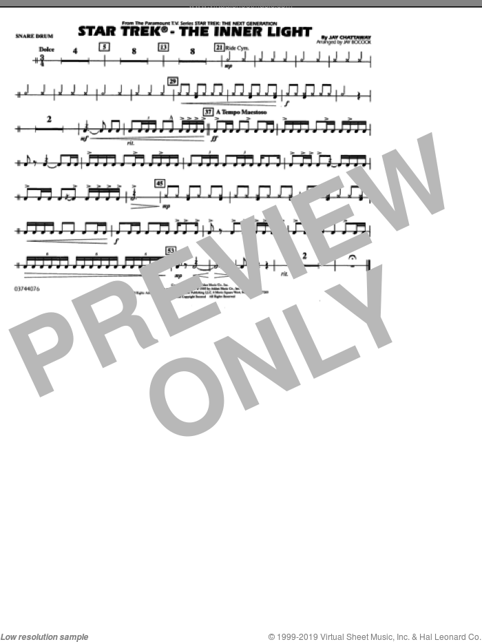 Star Trek, the inner light sheet music for marching band (snare drum) by Jay Chattaway and Jay Bocook, intermediate skill level