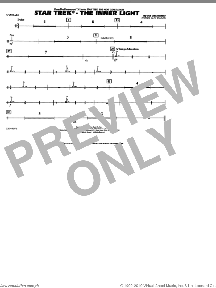 Star Trek, the inner light sheet music for marching band (cymbals) by Jay Chattaway and Jay Bocook, intermediate skill level