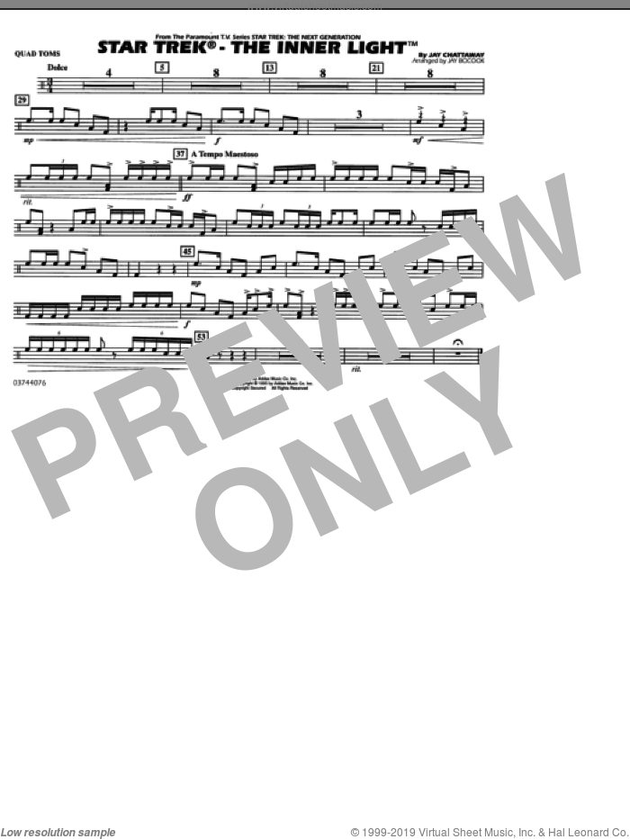 Star Trek, the inner light sheet music for marching band (quad toms) by Jay Chattaway and Jay Bocook, intermediate skill level