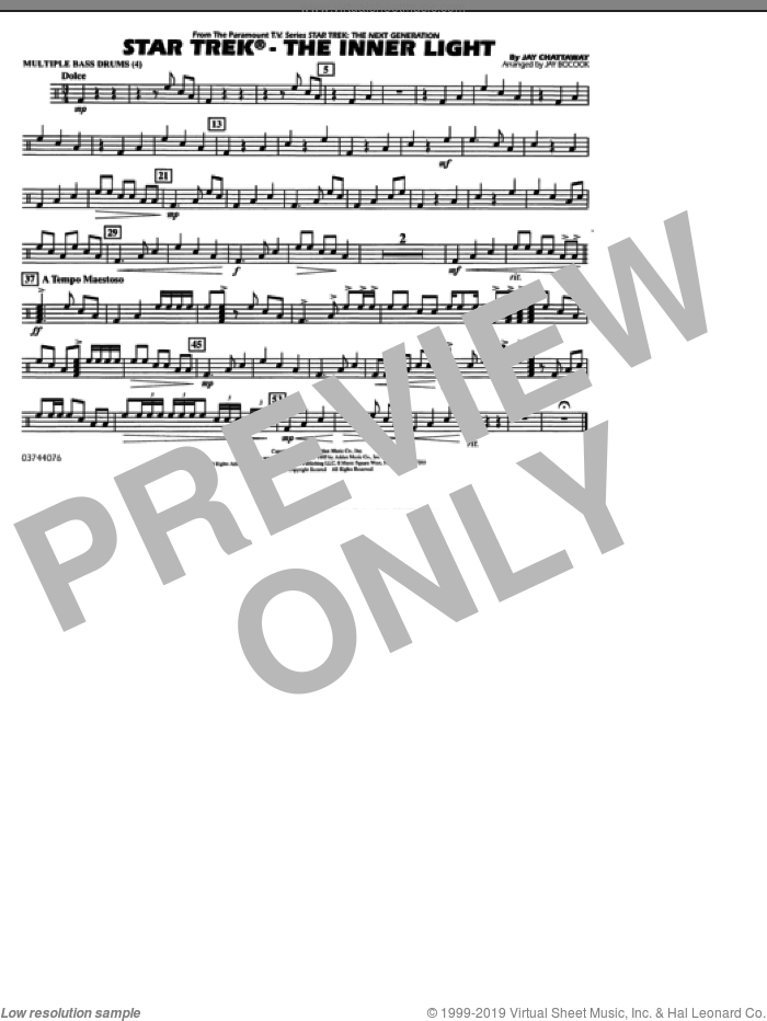 Star Trek, the inner light sheet music for marching band (multiple bass drums) by Jay Chattaway and Jay Bocook, intermediate skill level