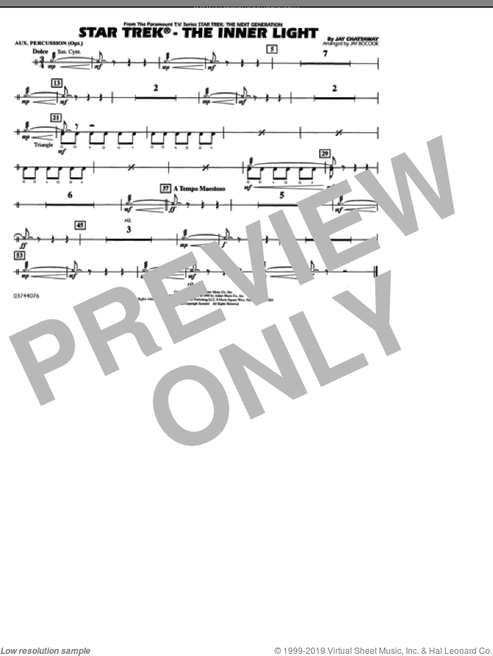 Star Trek, the inner light sheet music for marching band (aux percussion) by Jay Chattaway and Jay Bocook, intermediate skill level