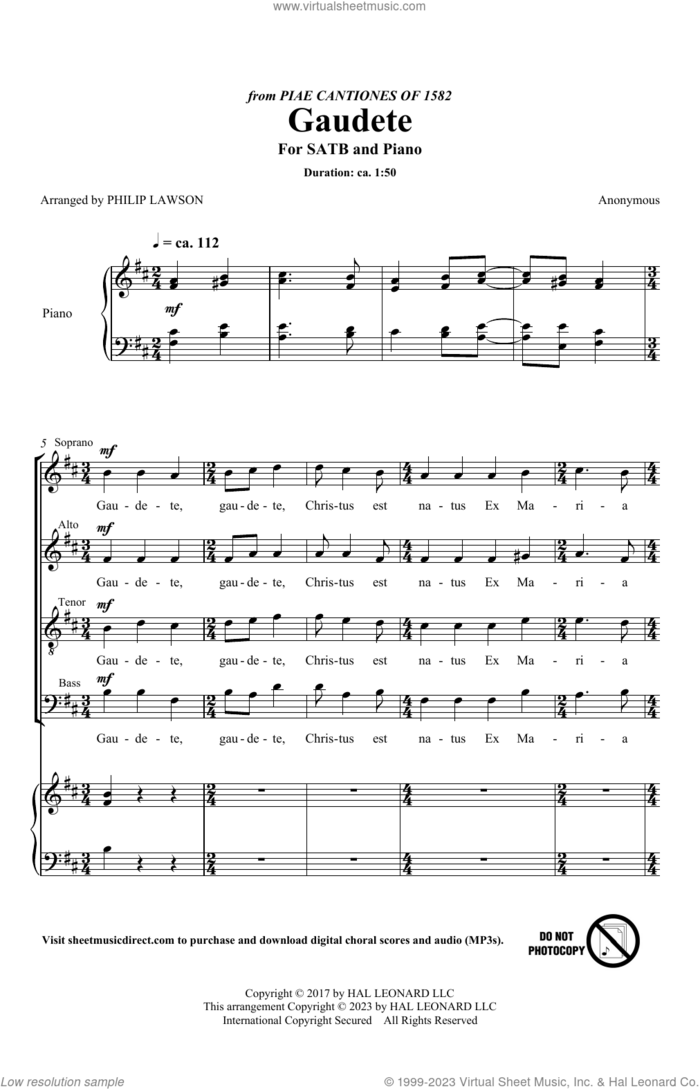 Gaudete (arr. Philip Lawson) sheet music for choir (SATB: soprano, alto, tenor, bass)  and Philip Lawson, intermediate skill level