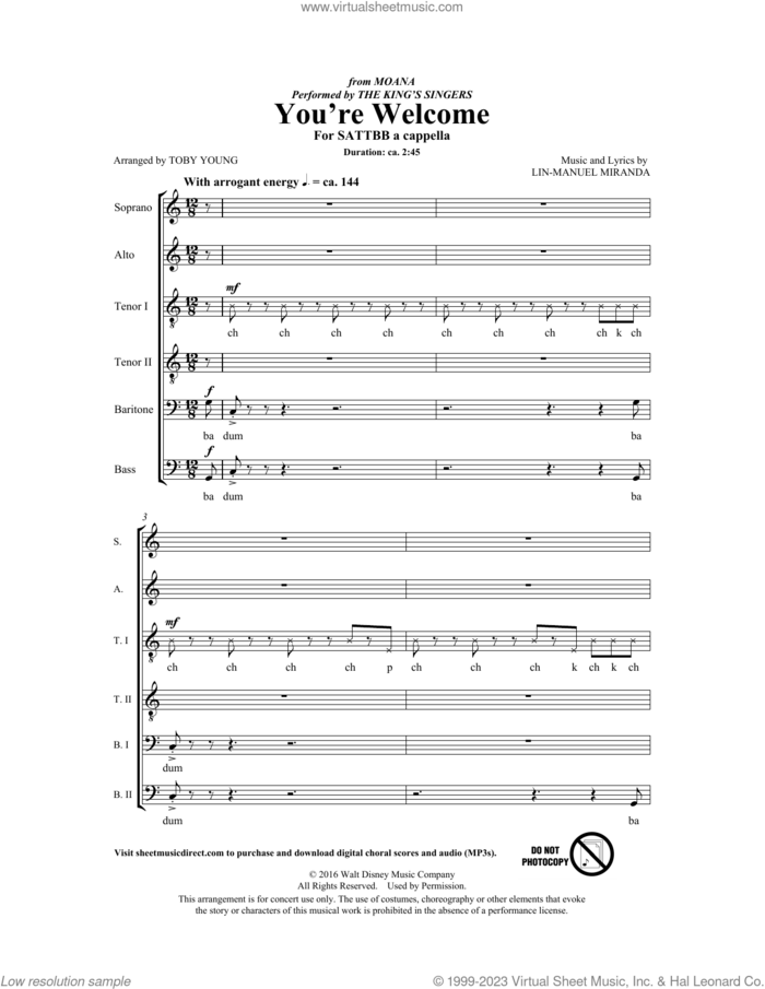 You're Welcome (from Moana) (arr. Toby Young) sheet music for choir (SATB Divisi) by The King's Singers, Toby Young and Lin-Manuel Miranda, intermediate skill level