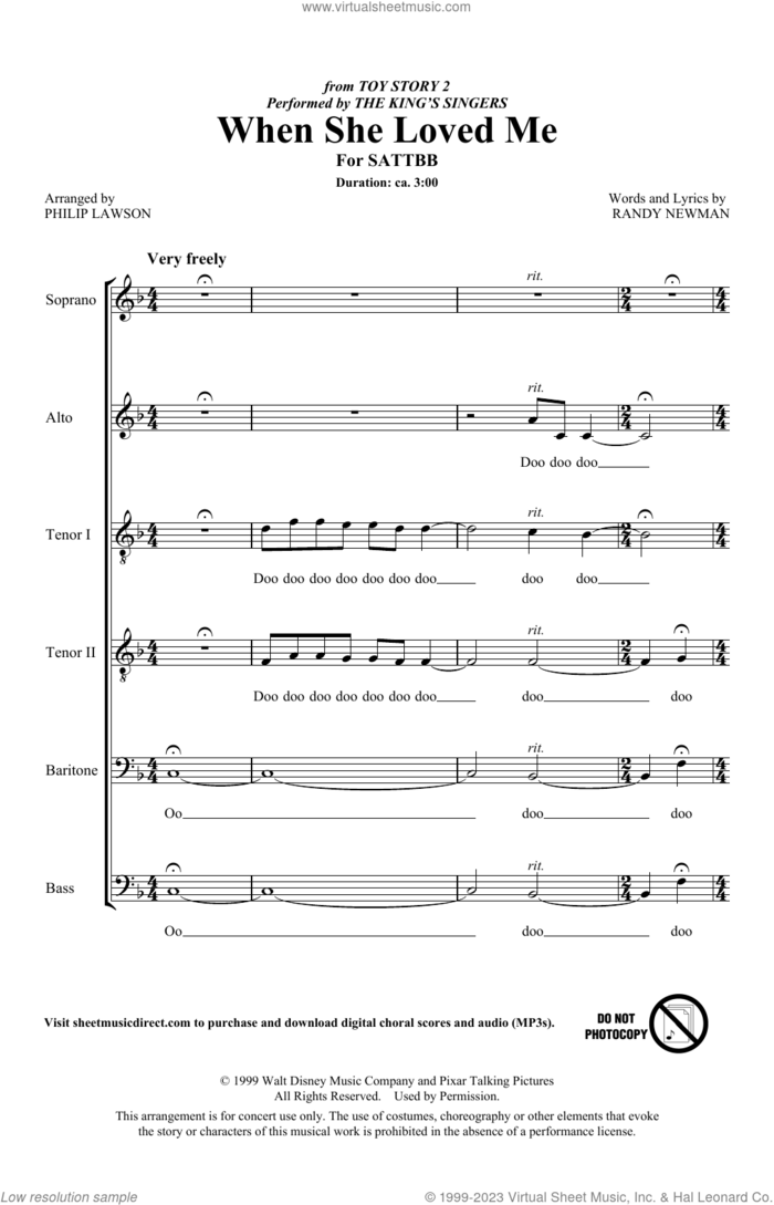 When She Loved Me (from Toy Story 2) (arr. Philip Lawson) sheet music for choir (SATB Divisi) by The King's Singers, Philip Lawson, Sarah McLachlan and Randy Newman, intermediate skill level