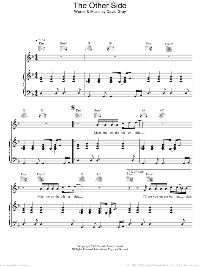 The Other Side sheet music for voice, piano or guitar by David Gray, intermediate skill level