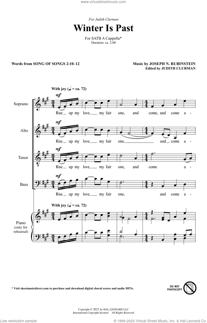 Winter Is Past sheet music for choir (SATB: soprano, alto, tenor, bass) by Joseph N. Rubinstein and Song of Songs 2:10-12, intermediate skill level