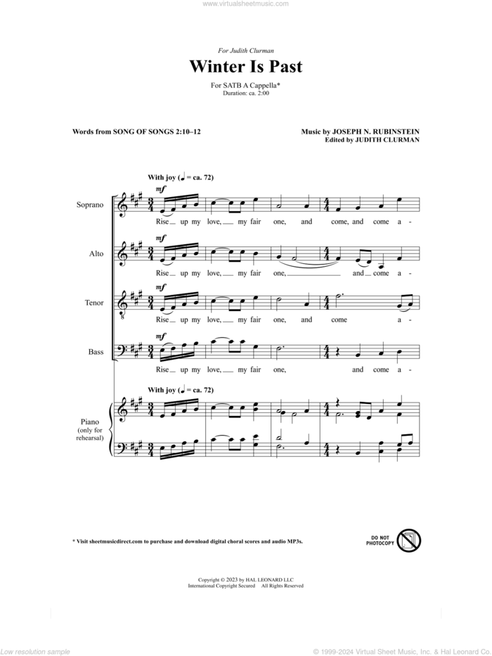 Winter Is Past sheet music for choir (SATB: soprano, alto, tenor, bass) by Joseph N. Rubinstein and Song of Songs 2:10-12, intermediate skill level