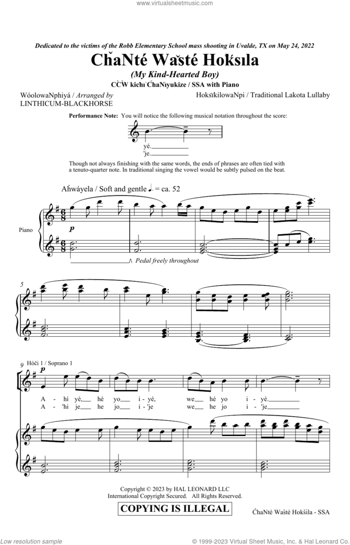 Chante Waste Hoksila (My Kind-Hearted Boy) (arr. Linthicum-Blackhorse) sheet music for choir (SSA: soprano, alto) by Traditional Lakota Lullaby and William Linthicum-Blackhorse, intermediate skill level