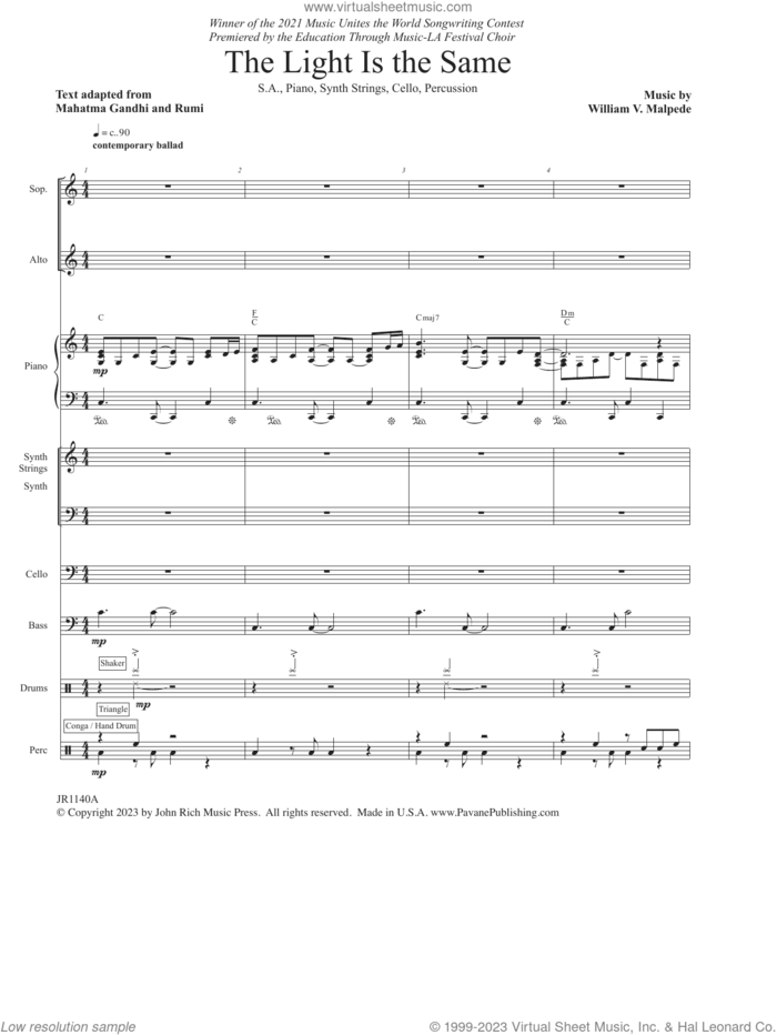 The Light Is the Same (COMPLETE) sheet music for orchestra/band by William Malpede, Mahatma Gandhi and Rumi, intermediate skill level