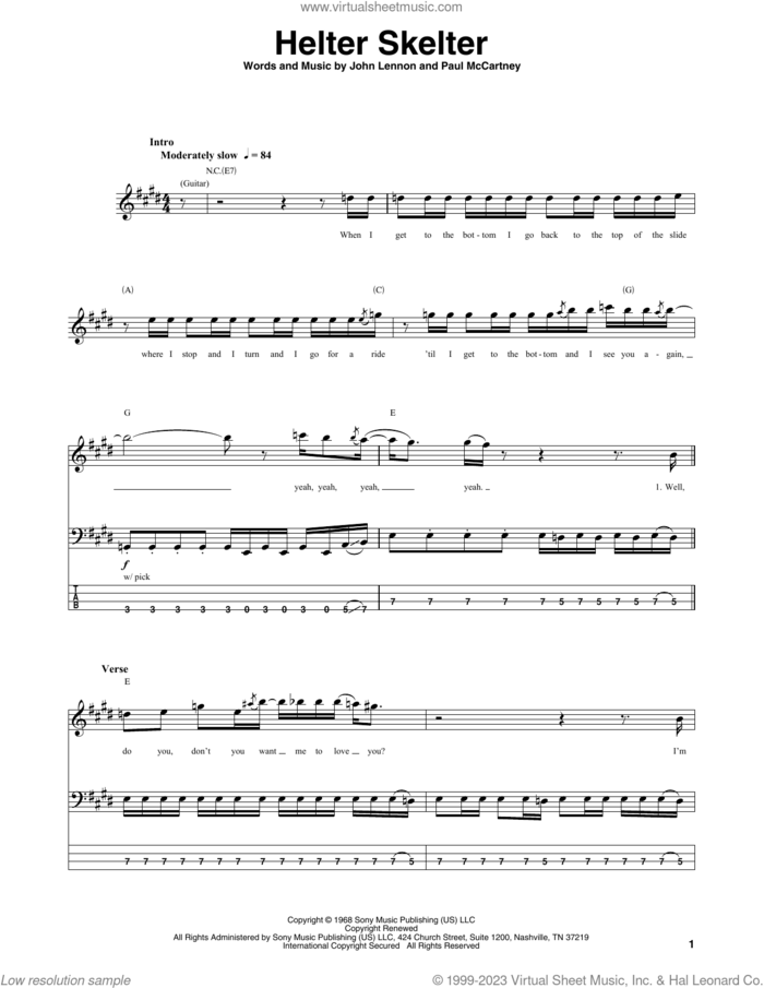 Helter Skelter sheet music for bass (tablature) (bass guitar) by The Beatles, John Lennon and Paul McCartney, intermediate skill level
