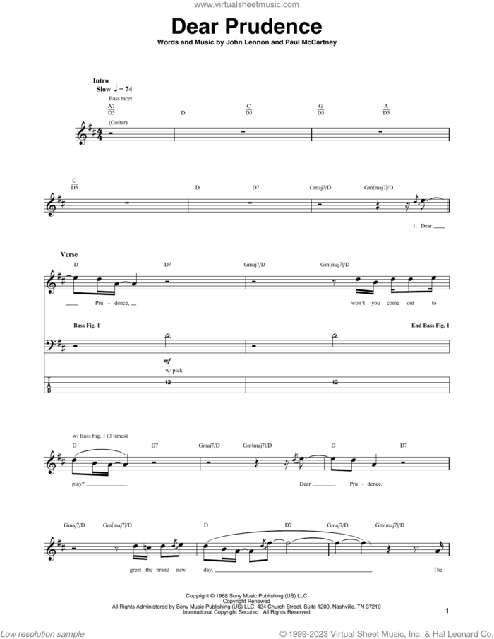 Dear Prudence sheet music for bass (tablature) (bass guitar) by The Beatles, John Lennon and Paul McCartney, intermediate skill level