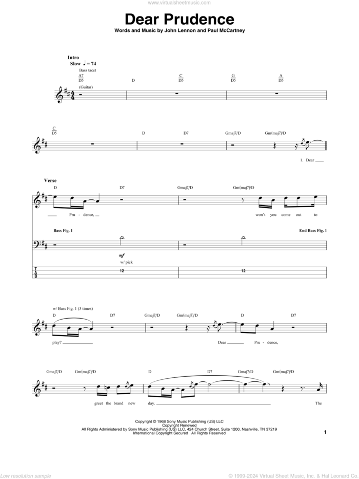 Dear Prudence sheet music for bass (tablature) (bass guitar) by The Beatles, John Lennon and Paul McCartney, intermediate skill level