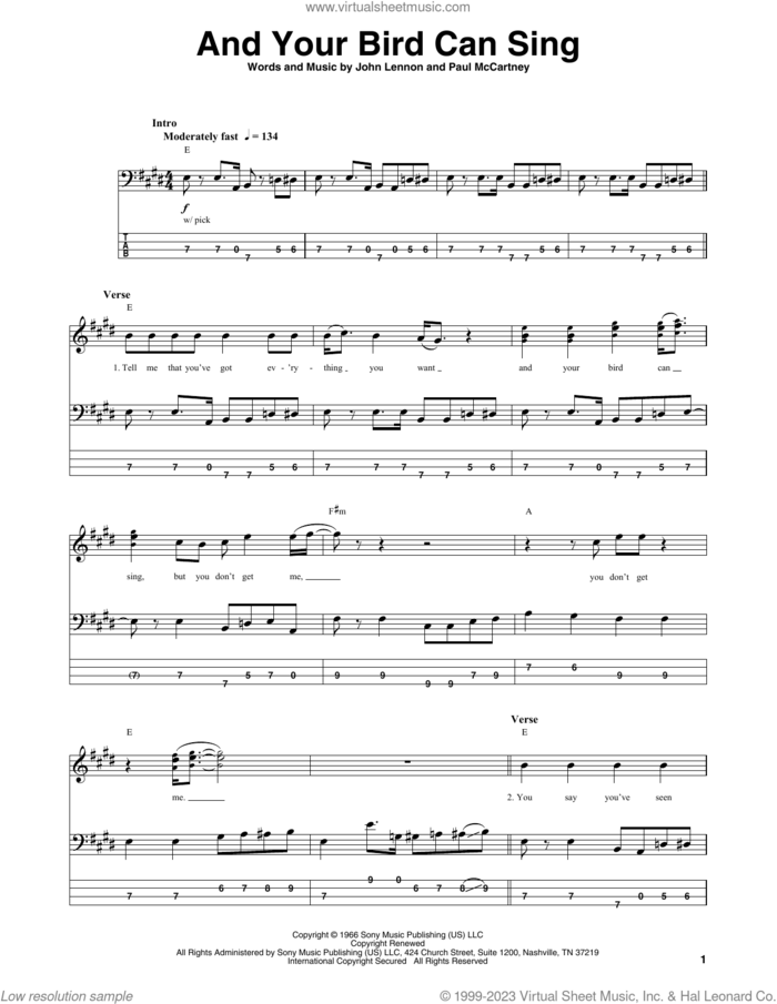 And Your Bird Can Sing sheet music for bass (tablature) (bass guitar) by The Beatles, John Lennon and Paul McCartney, intermediate skill level