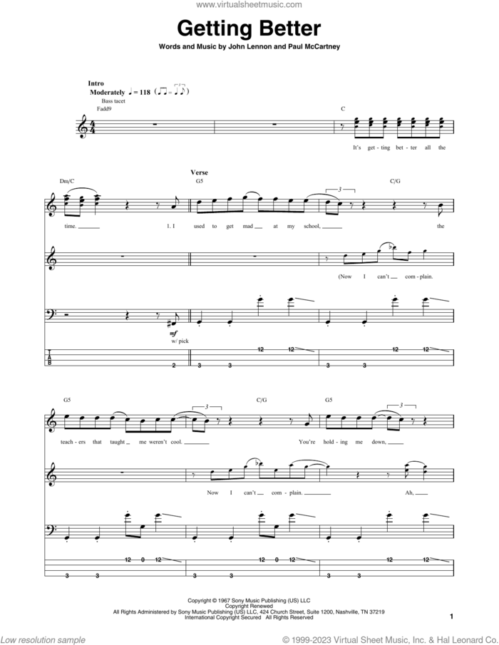 Getting Better sheet music for bass (tablature) (bass guitar) by The Beatles, John Lennon and Paul McCartney, intermediate skill level
