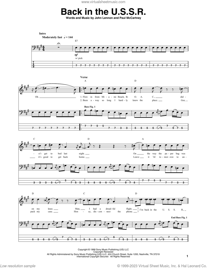 Back In The U.S.S.R. sheet music for bass (tablature) (bass guitar) by The Beatles, John Lennon and Paul McCartney, intermediate skill level