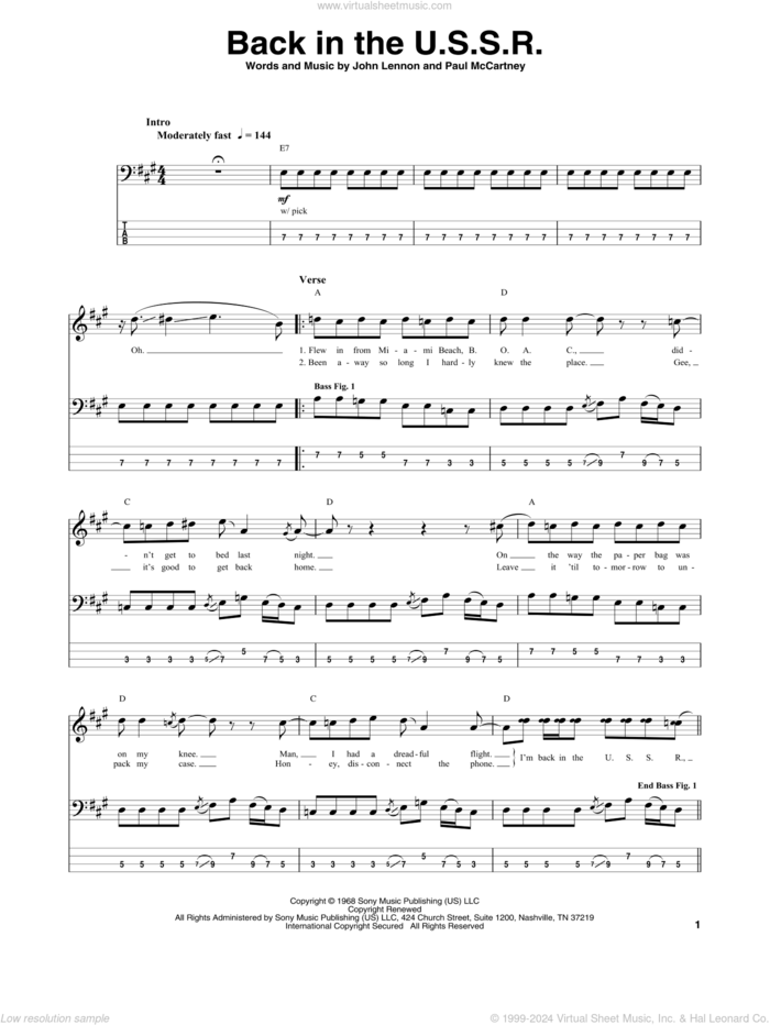 Back In The U.S.S.R. sheet music for bass (tablature) (bass guitar) by The Beatles, John Lennon and Paul McCartney, intermediate skill level