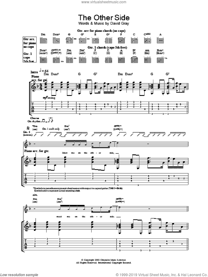 The Other Side sheet music for guitar (tablature) by David Gray, intermediate skill level