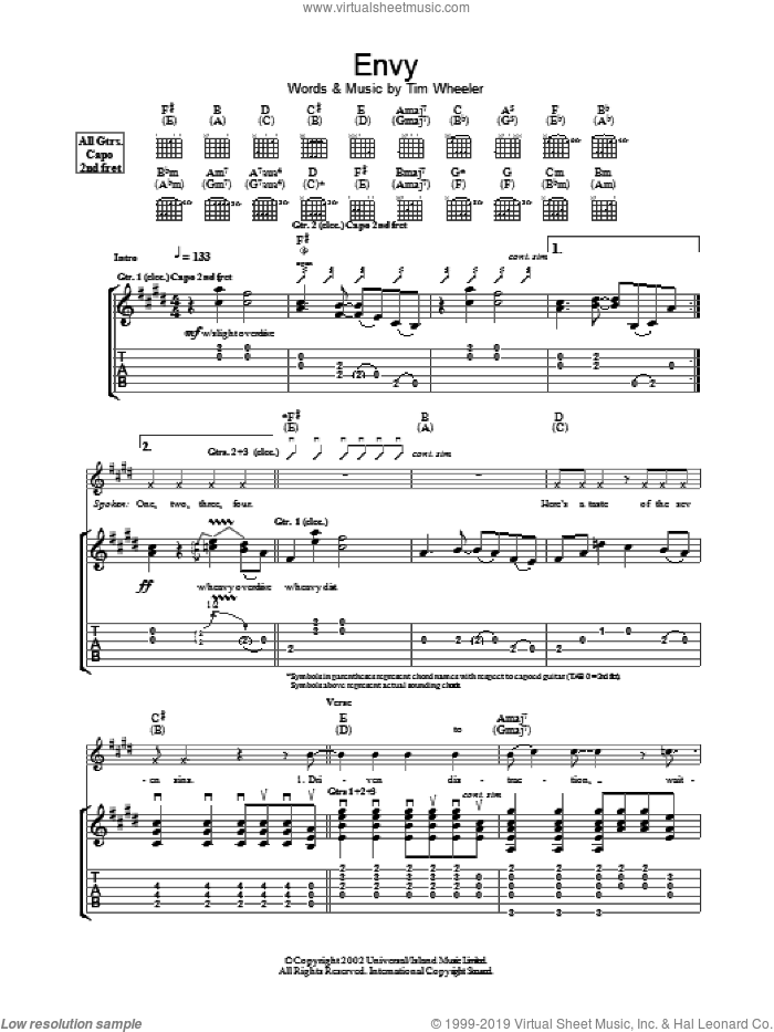 Envy sheet music for guitar (tablature) by Tim Wheeler, intermediate skill level