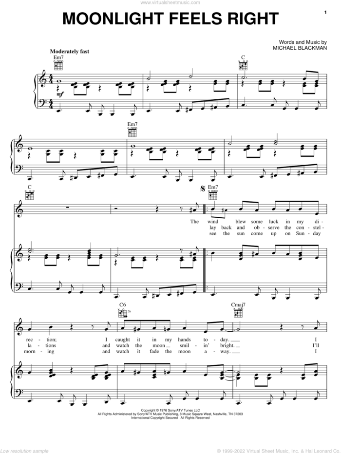 Moonlight Feels Right sheet music for voice, piano or guitar by Michael Blackman, intermediate skill level