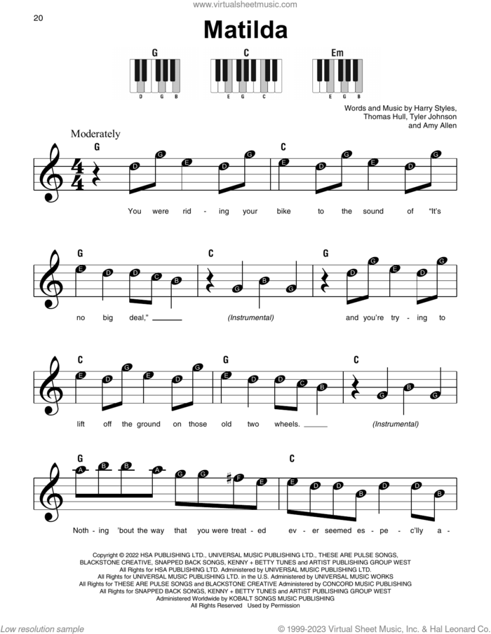 Matilda sheet music for piano solo by Harry Styles, Amy Allen, Tom Hull and Tyler Johnson, beginner skill level