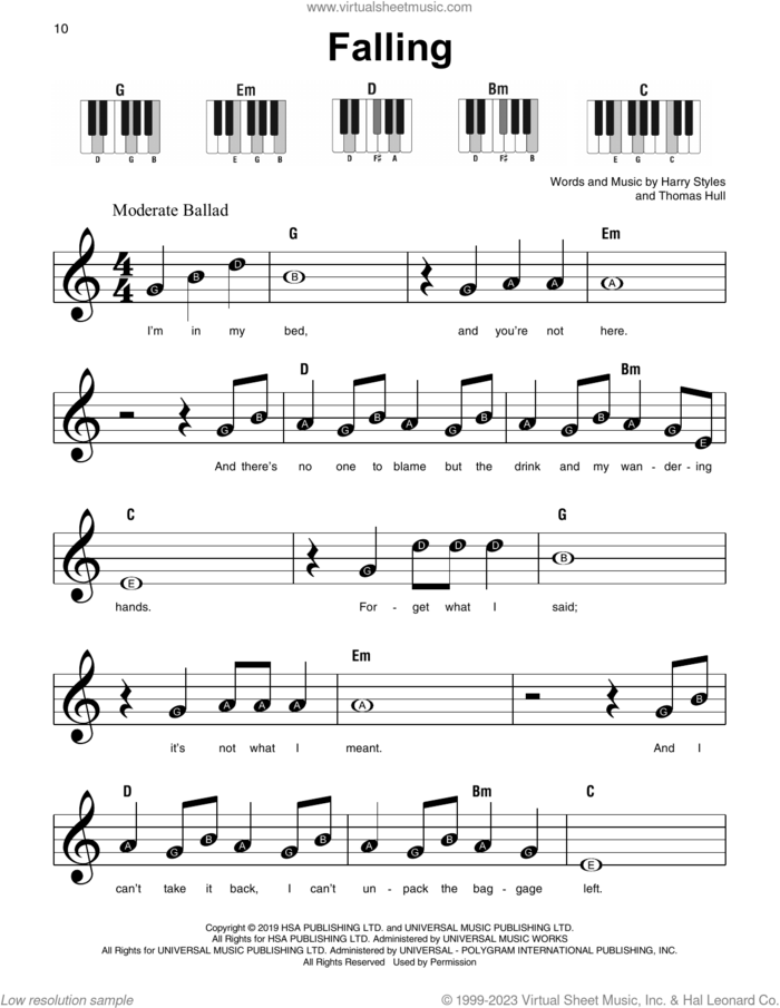 Falling, (beginner) sheet music for piano solo by Harry Styles and Tom Hull, beginner skill level