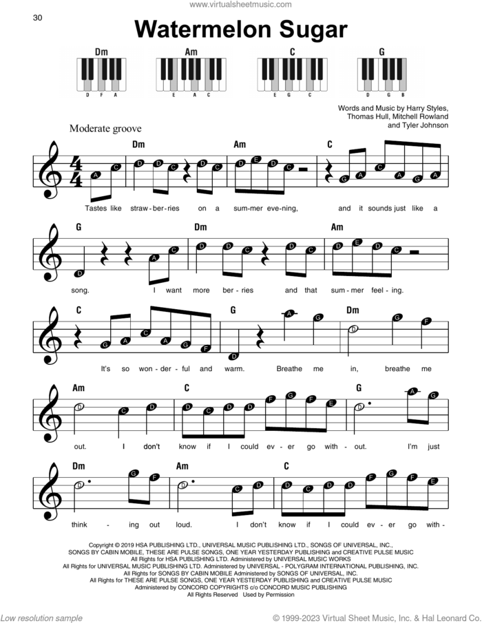 Watermelon Sugar sheet music for piano solo by Harry Styles, Mitchell Rowland, Tom Hull and Tyler Johnson, beginner skill level