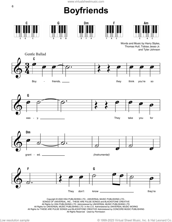Boyfriends sheet music for piano solo by Harry Styles, Tobias Jesso Jr., Tom Hull and Tyler Johnson, beginner skill level