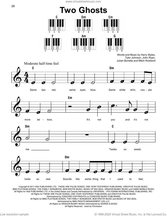 Two Ghosts, (beginner) sheet music for piano solo by Harry Styles, John Ryan, Julian Bunetta, Mitch Rowland and Tyler Johnson, beginner skill level