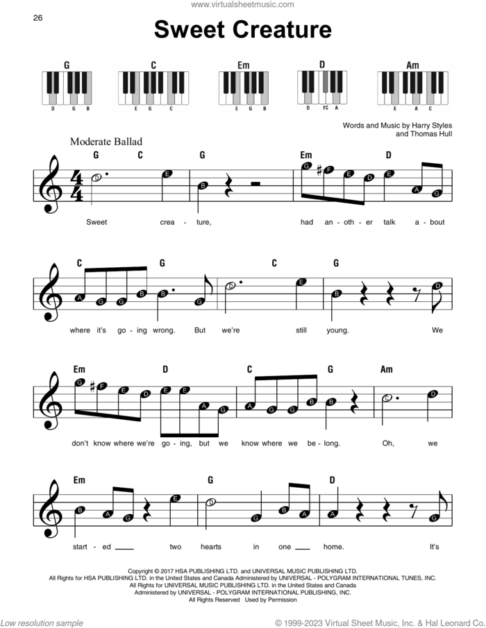 Sweet Creature, (beginner) sheet music for piano solo by Harry Styles and Tom Hull, beginner skill level