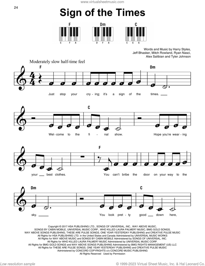 Sign Of The Times, (beginner) sheet music for piano solo by Harry Styles, Alex Salibian, Jeff Bhasker, Mitch Rowland, Ryan Nasci and Tyler Johnson, beginner skill level