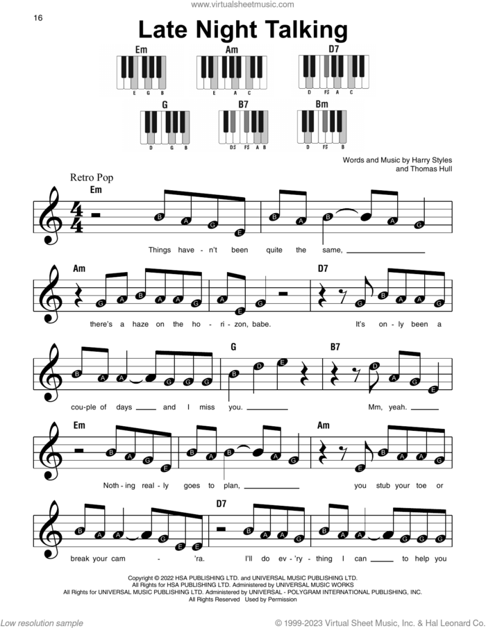 Late Night Talking sheet music for piano solo by Harry Styles and Tom Hull, beginner skill level