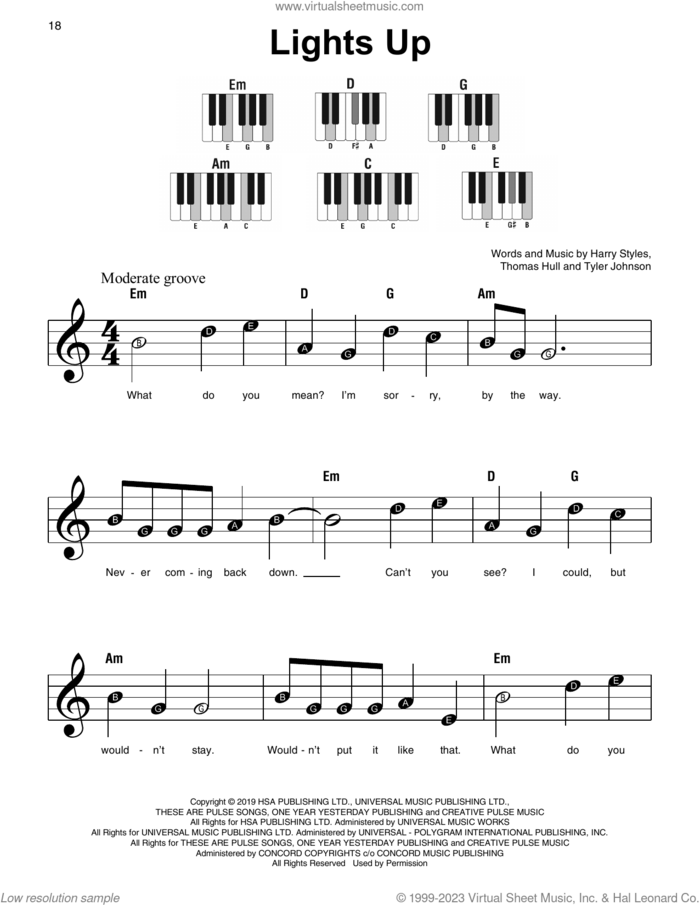 Lights Up, (beginner) sheet music for piano solo by Harry Styles, Tom Hull and Tyler Johnson, beginner skill level