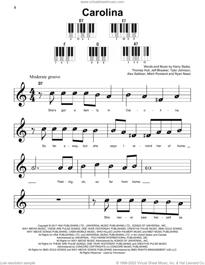 Carolina, (beginner) sheet music for piano solo by Harry Styles, Alex Salibian, Jeff Bhasker, Mitch Rowland, Ryan Nasci, Tom Hull and Tyler Johnson, beginner skill level