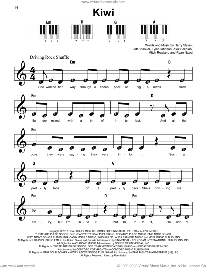 Kiwi, (beginner) sheet music for piano solo by Harry Styles, Alex Salibian, Jeff Bhasker, Mitch Rowland, Ryan Nasci and Tyler Johnson, beginner skill level