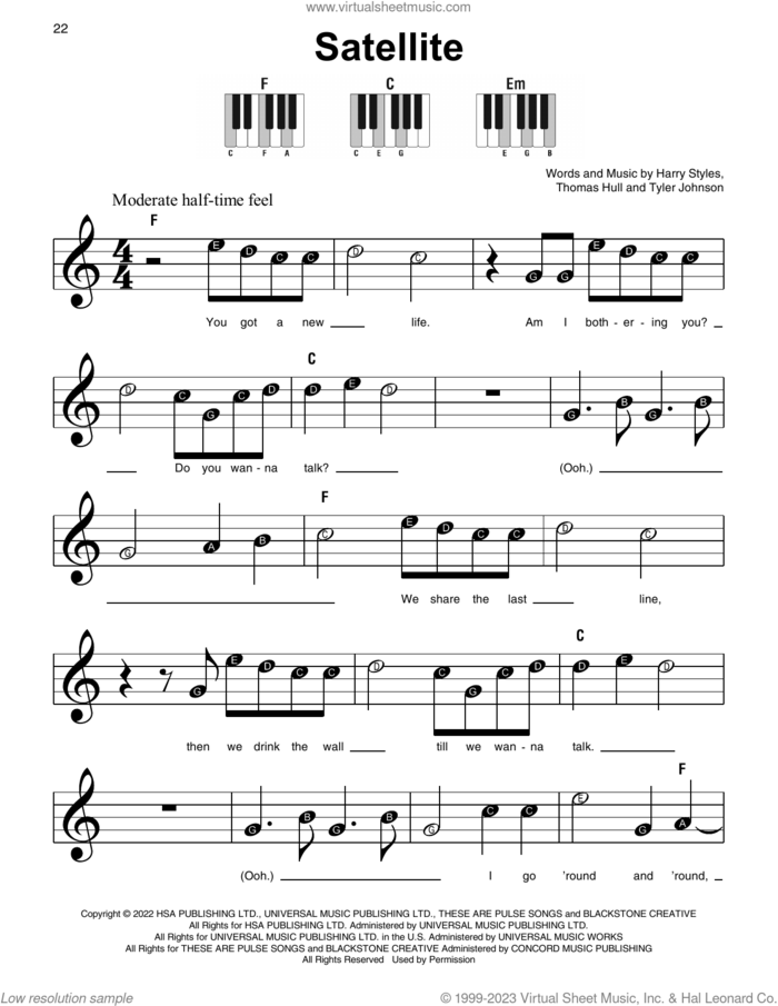 Satellite sheet music for piano solo by Harry Styles, Tom Hull and Tyler Johnson, beginner skill level