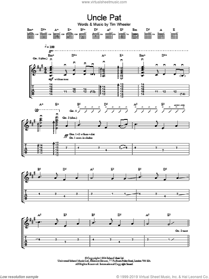 Uncle Pat sheet music for guitar (tablature) by Tim Wheeler, intermediate skill level