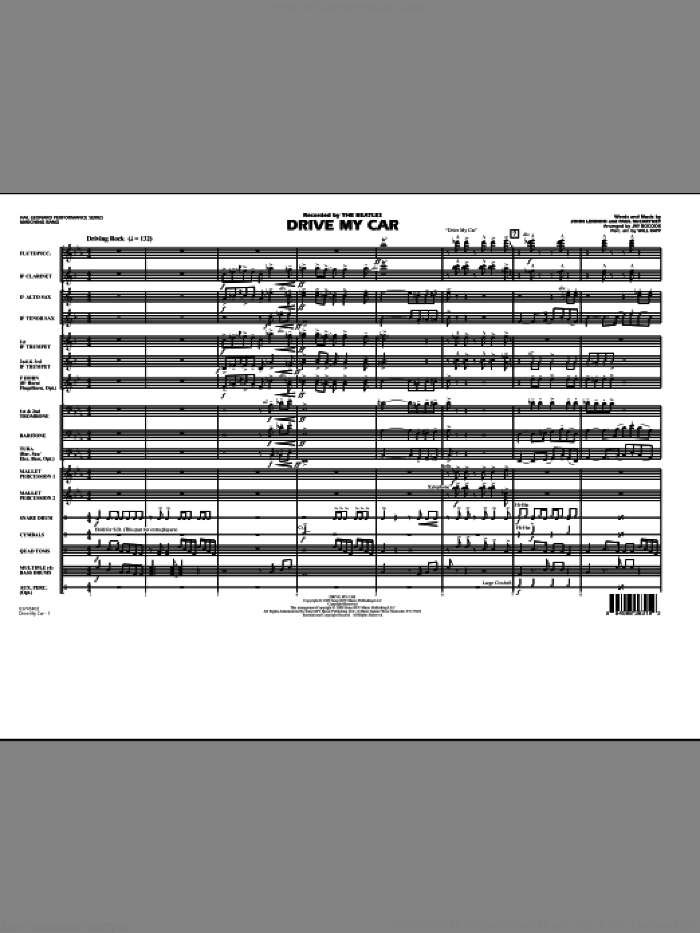 Drive My Car (COMPLETE) sheet music for marching band by The Beatles, Jay Bocook, John Lennon, Paul McCartney and Will Rapp, intermediate skill level