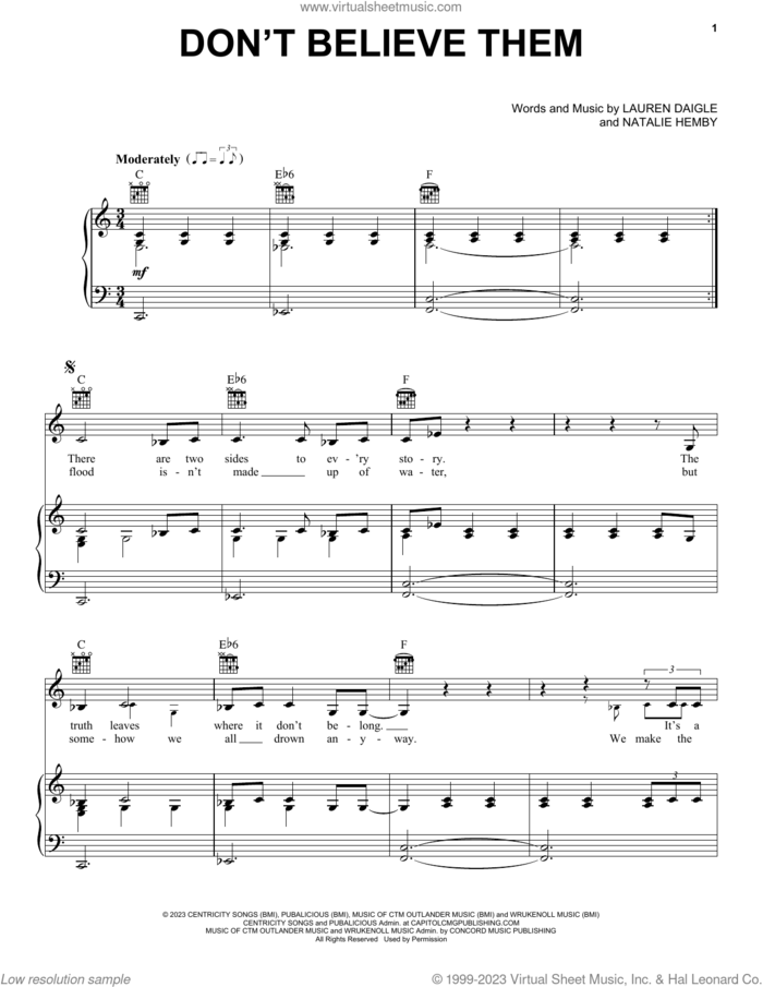 Don't Believe Them sheet music for voice, piano or guitar by Lauren Daigle and Natalie Hemby, intermediate skill level