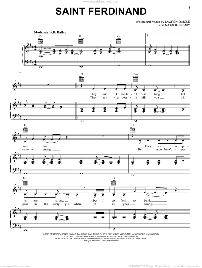 Saint Ferdinand sheet music for voice, piano or guitar by Lauren Daigle and Natalie Hemby, intermediate skill level