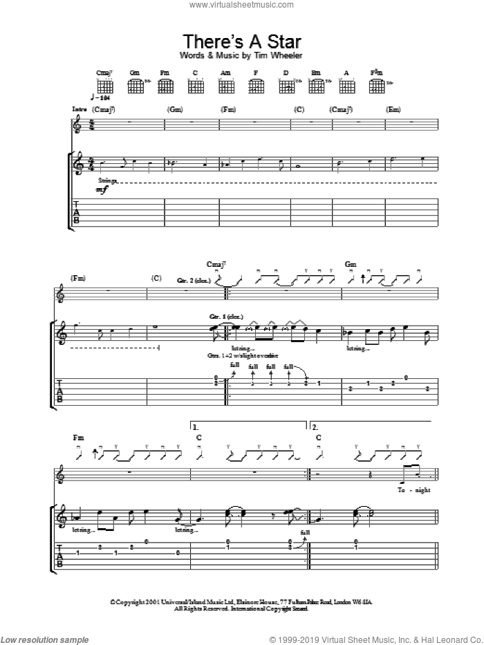 There's A Star sheet music for guitar (tablature) by Tim Wheeler, intermediate skill level