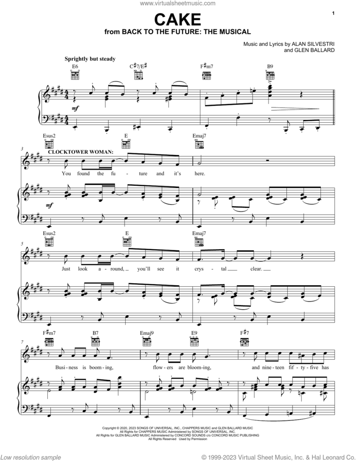 Cake (from Back To The Future: The Musical) sheet music for voice, piano or guitar by Glen Ballard and Alan Silvestri, Katharine Pearson, Mark Oxtoby, Olly Dobson, Will Haswell, Alan Silvestri and Glen Ballard, intermediate skill level