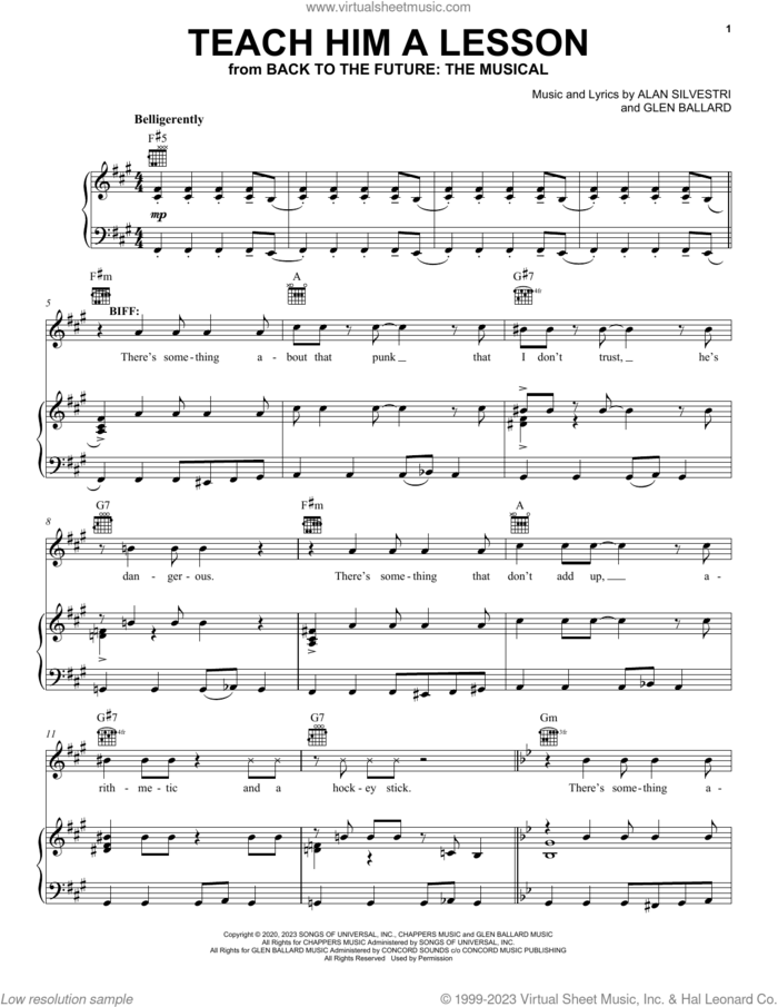 Teach Him A Lesson (from Back To The Future: The Musical) sheet music for voice, piano or guitar by Glen Ballard and Alan Silvestri, Aidan Cutler, Will Haswell, Alan Silvestri and Glen Ballard, intermediate skill level