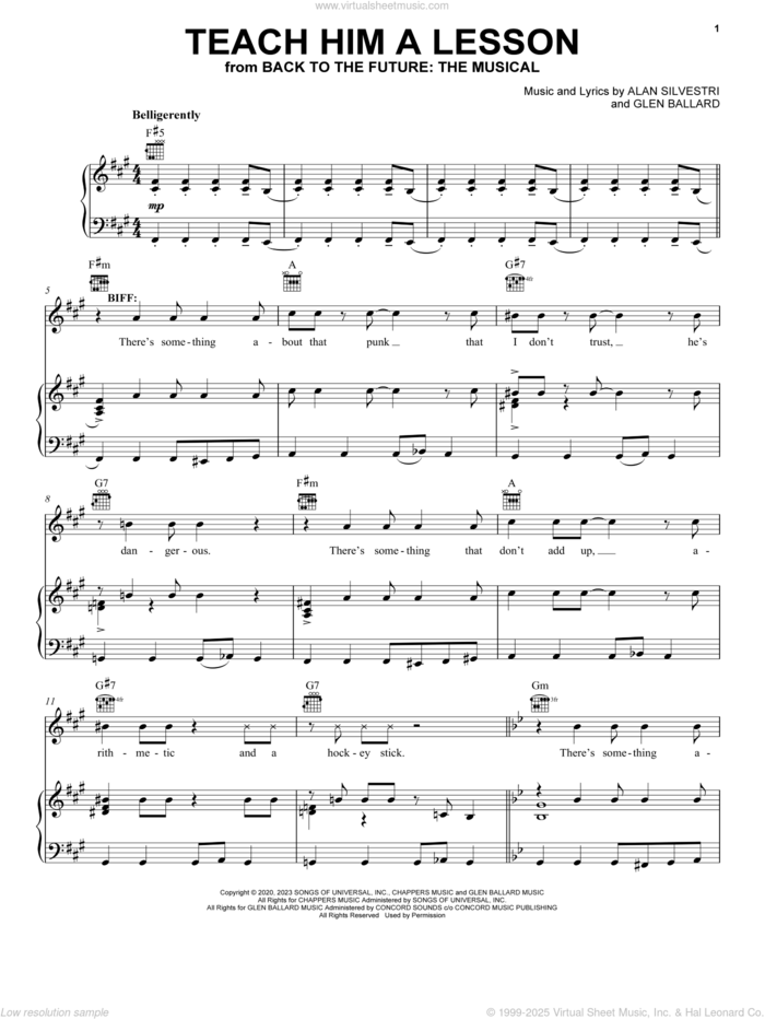 Teach Him A Lesson (from Back To The Future: The Musical) sheet music for voice, piano or guitar by Glen Ballard and Alan Silvestri, Aidan Cutler, Will Haswell, Alan Silvestri and Glen Ballard, intermediate skill level