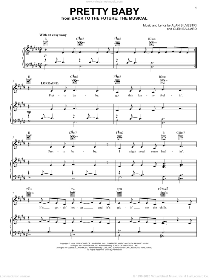 Pretty Baby (from Back To The Future: The Musical) sheet music for voice, piano or guitar by Glen Ballard and Alan Silvestri, Alessia McDermot, Amy Barker, Courtney-Mae Briggs, Emma Lloyd, Katharine Pearson, Laura Mullowney, Melissa Rose, Nic Myers, Rhianne Alleyne, Rosanna Hyland, Alan Silvestri and Glen Ballard, intermediate skill level