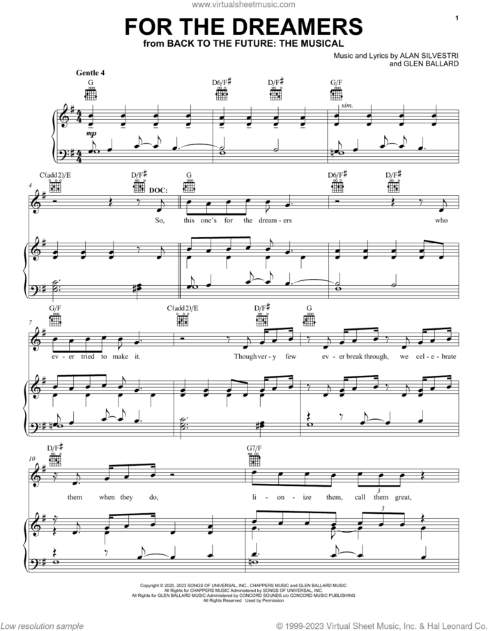 For The Dreamers (from Back To The Future: The Musical) sheet music for voice, piano or guitar by Glen Ballard and Alan Silvestri, Roger Bart, Alan Silvestri and Glen Ballard, intermediate skill level