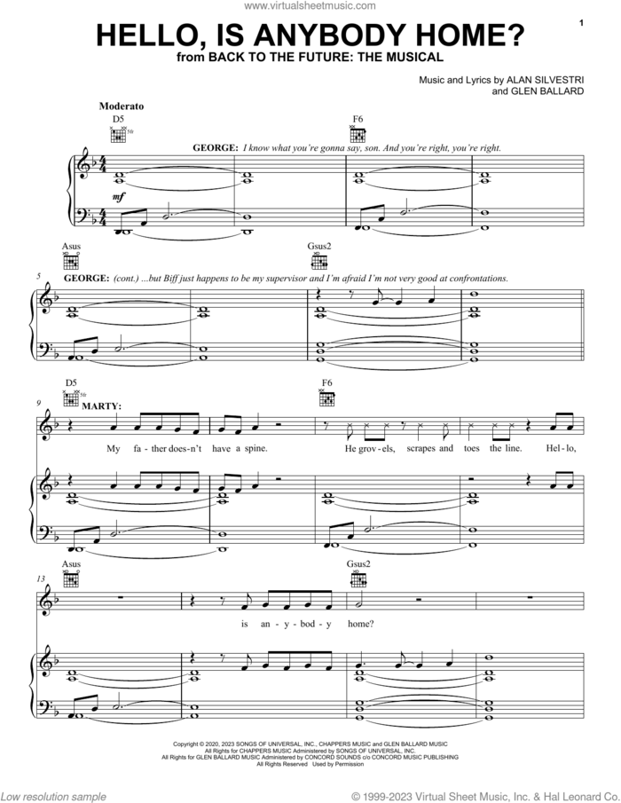 Hello, Is Anybody Home? (from Back To The Future: The Musical) sheet music for voice, piano or guitar by Glen Ballard and Alan Silvestri, Emma Lloyd, Hugh Coles, Olly Dobson, Rosanna Hyland, Will Haswell, Alan Silvestri and Glen Ballard, intermediate skill level