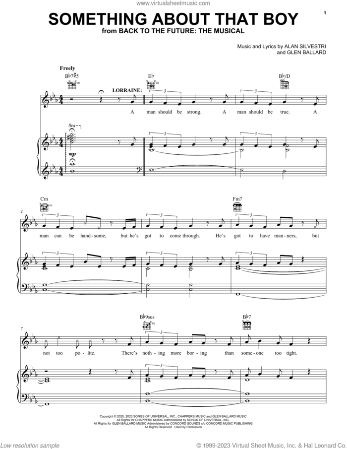 Something About That Boy (from Back To The Future: The Musical) sheet music for voice, piano or guitar by Glen Ballard and Alan Silvestri, Aidan Cutler, Rosanna Hyland, Alan Silvestri and Glen Ballard, intermediate skill level