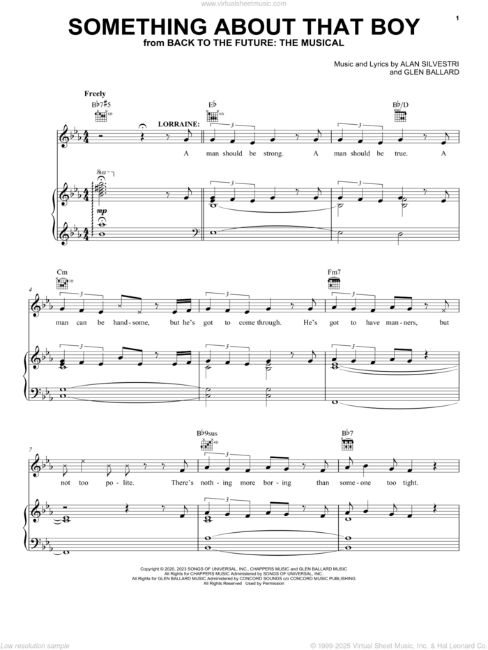 Something About That Boy (from Back To The Future: The Musical) sheet music for voice, piano or guitar by Glen Ballard and Alan Silvestri, Aidan Cutler, Rosanna Hyland, Alan Silvestri and Glen Ballard, intermediate skill level